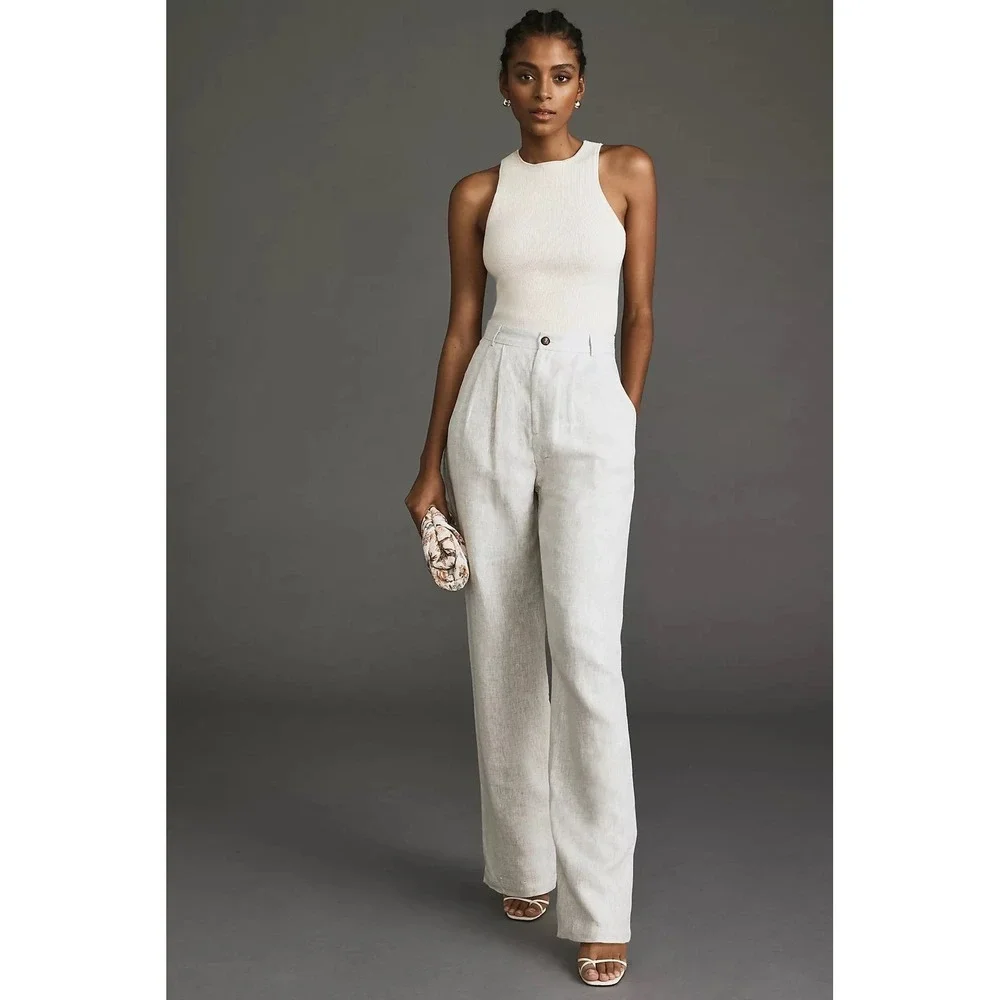 Reformation Mason Linen Wide Leg Pants 6 Oatmeal High Rise Pleated 100% Linen